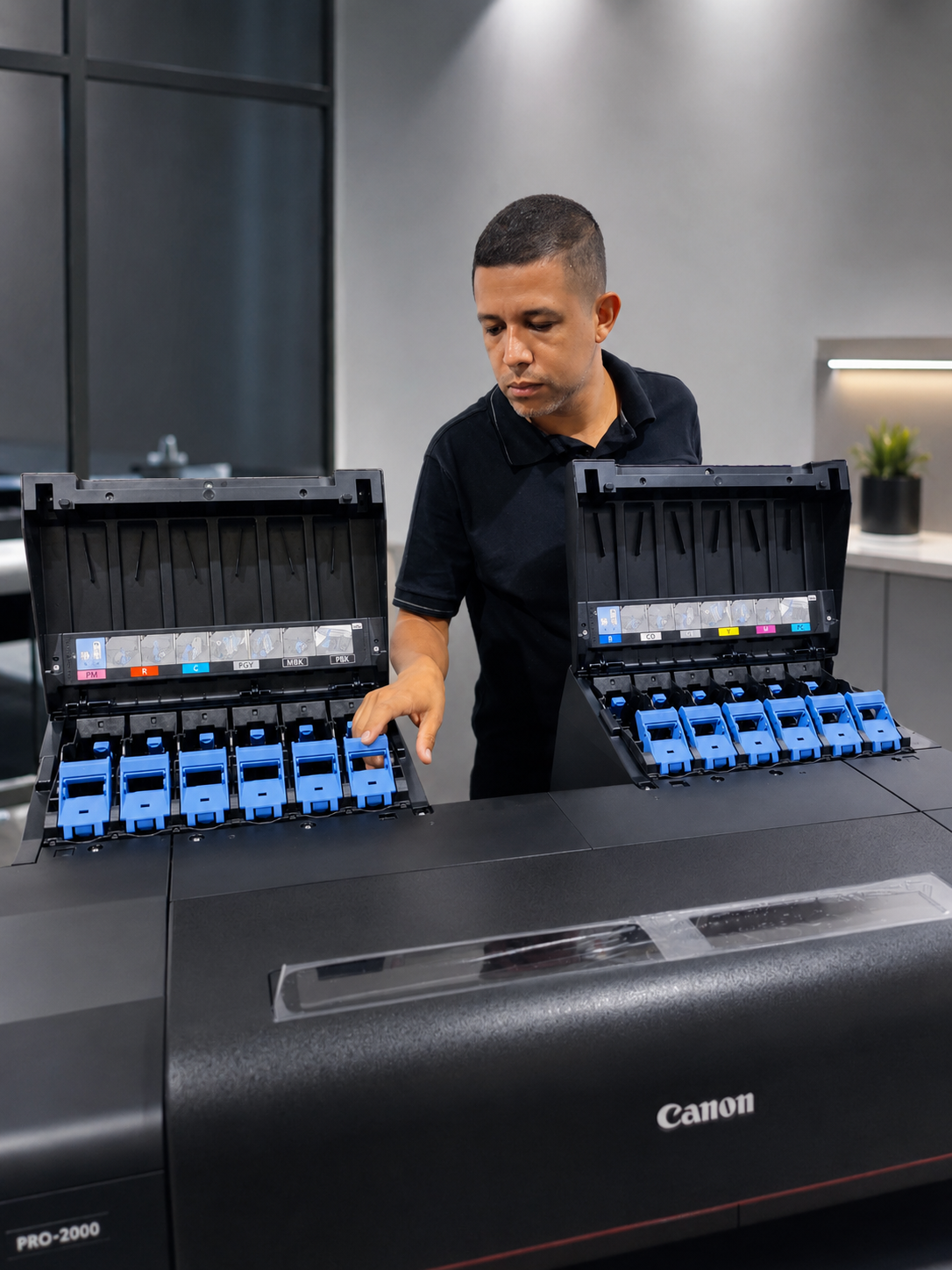 Técnico realizando manutenção de impressora plotter profissional